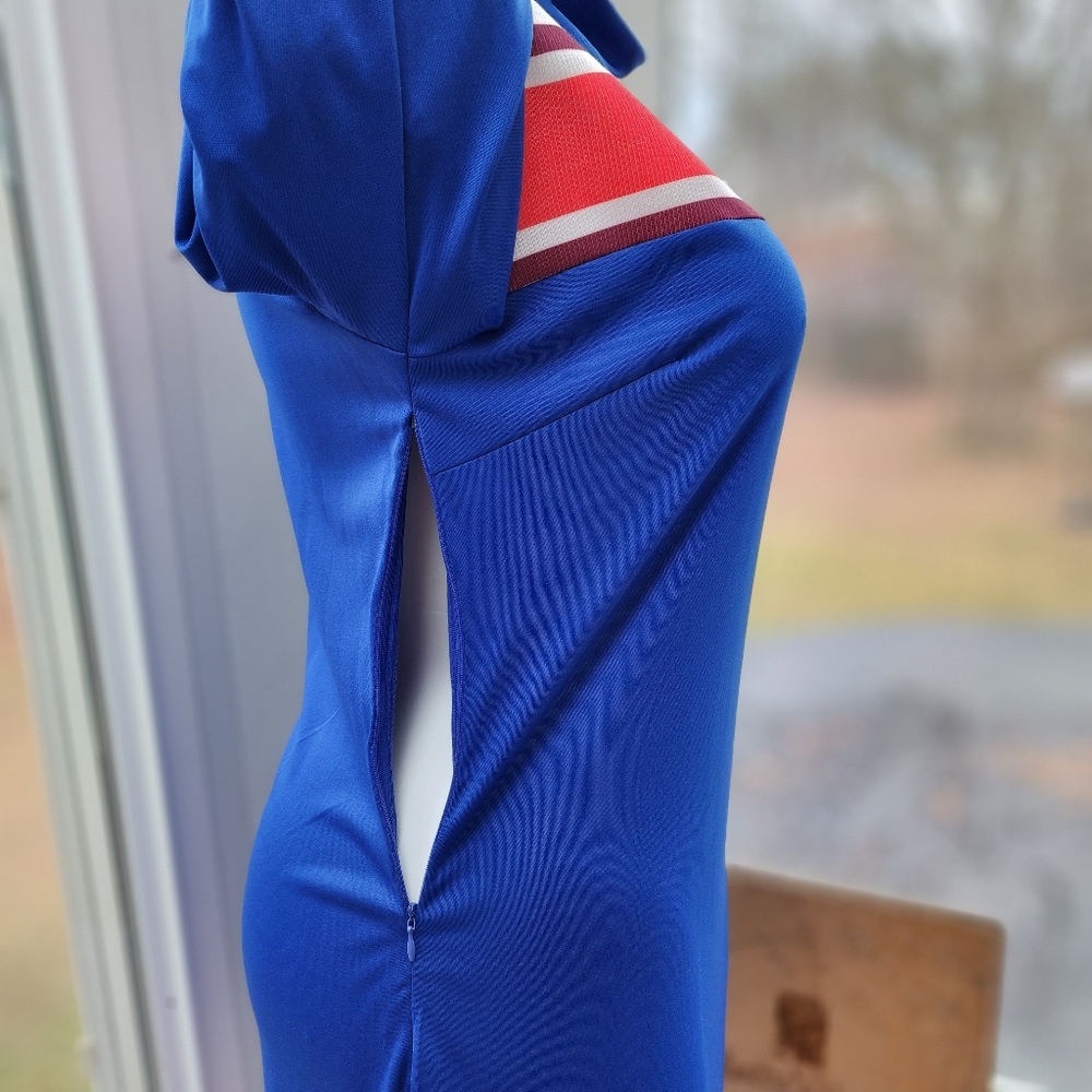 Royal Blue Red & White Ribbed Striped Mock Neck Maxi Column Knit Dress - Picture 11 of 16